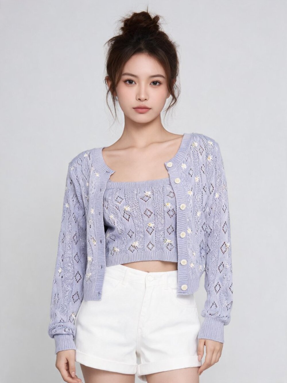 PINK ROSE | Lavender Purple 2-pc Knit Floral Cropped Tank & Cardigan Set Sz S